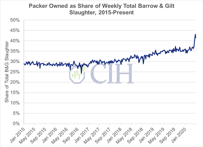 Figure 1: Packer-owned as share of weekly total barrow and gilt slaughter (2015-present) 