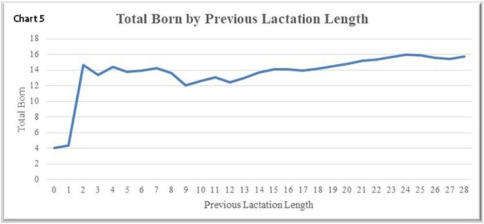 Chart 5 shows that total born continue to rise each day she lactates all the way to day 25.
