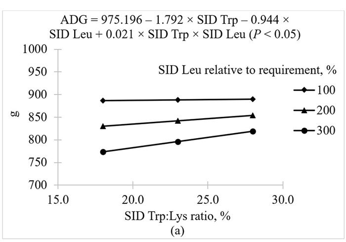 Figure 2: Predicted values, based on the interaction between standardized ileal digestible tryptophan and SID leucine, for average daily gain in growing pigs.
