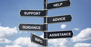 Sign post at a crossroads: Help, support, advice, guidance, assistance, info