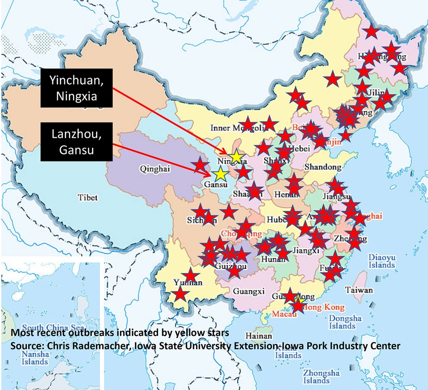 map of African swine fever outbreaks in China