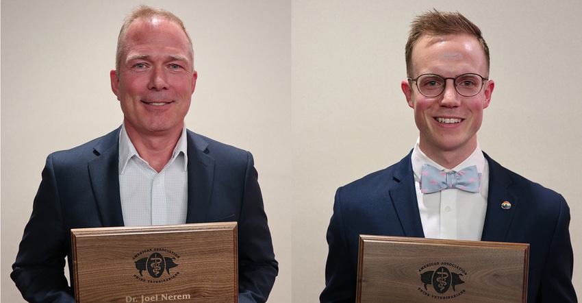 Joel Nerem (left) was named the 2020 Swine Practitioner of the Year and Wesley Lyons was named Young Swine Veterinarian of th Joel Nerem (left) was named the 2020 Swine Practitioner of the Year and Wesley Lyons was named Young Swine Veterinarian of th