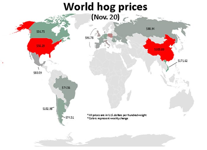 Map of world hog prices as of Nov. 20, 2019