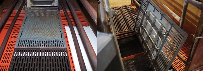 A flooring pad (left) is installed in the front part of the sow’s farrowing stall, and a cooling loop (right) is put in beneath the flooring. 