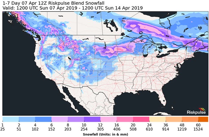 Map showing snowfall over next seven days