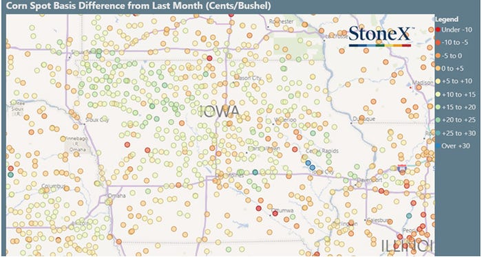  Corn spot basis difference from last month (cents per bushel)