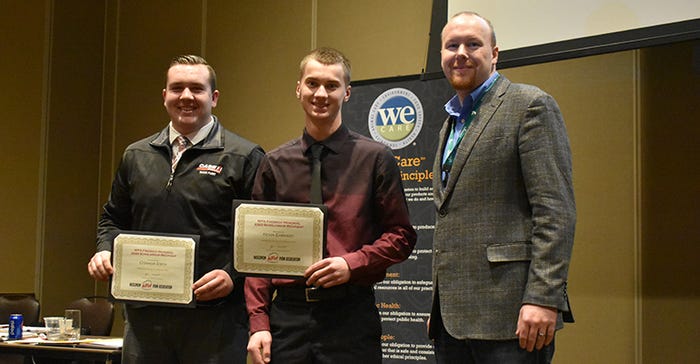 Wisconsin Pork Association President, Jim Magolski, right, presents WPA Fredrich Memorial Scholarship to Kevin Ehrhart, middle, and Connor Esch, left. Wylie Jackson was not present.