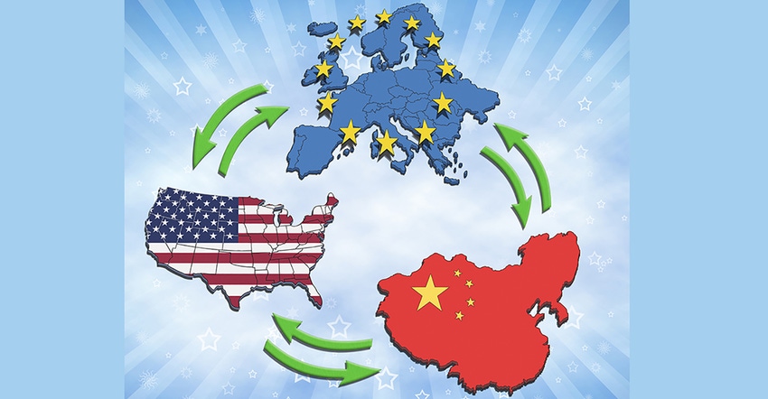 Illustration of USA, Europe and China interaction and trading