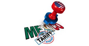 Illustration of rubber stamp of U.S. tariffs on Mexico