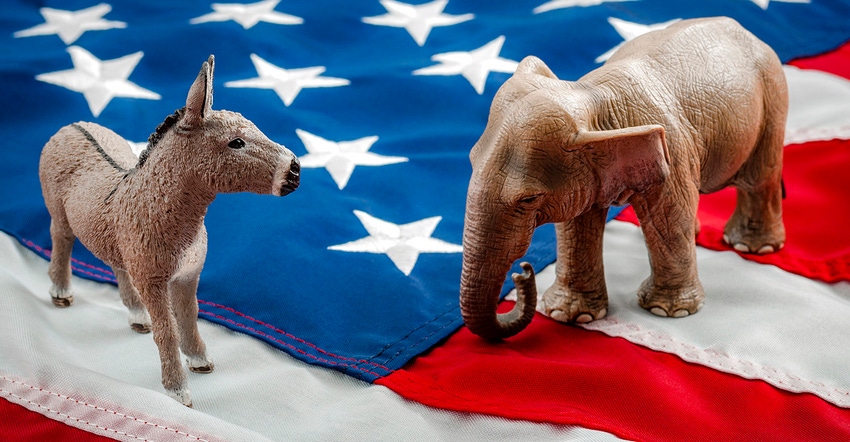 Donkey and elephant, symbols of the Democrat and Republican parties, face off on the U.S. flag