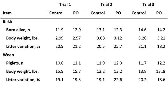 Table 1: Average piglet birth and wean weight, corresponding litter coefficient of variation and number of piglets across three trials evaluating the impact of maternal phytogenic oil supplementation.