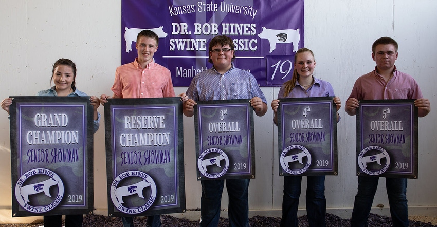 The top five in the senior showmanship division at the 2019 Bob Hines Swine Classic are (left to right) Alya Arana, James DeR