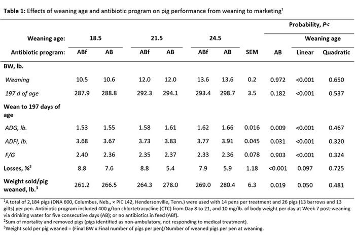  Effects of weaning age and antibiotic program on pig performance from weaning to marketing