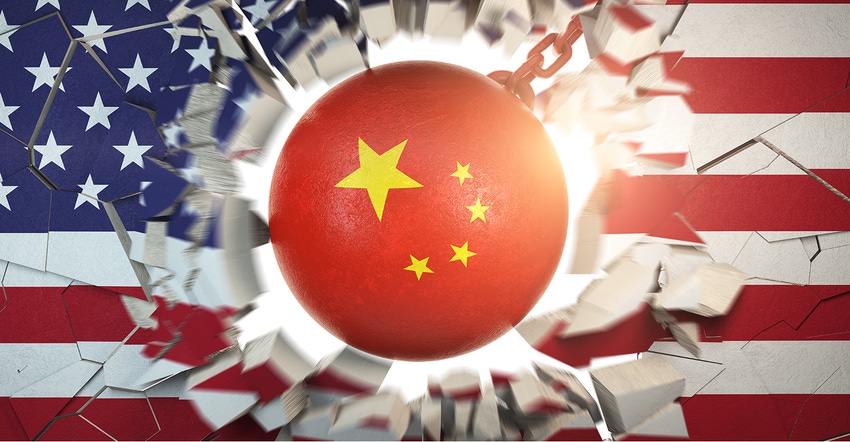 Illustration of China wrecking ball smashing through U.S. flag