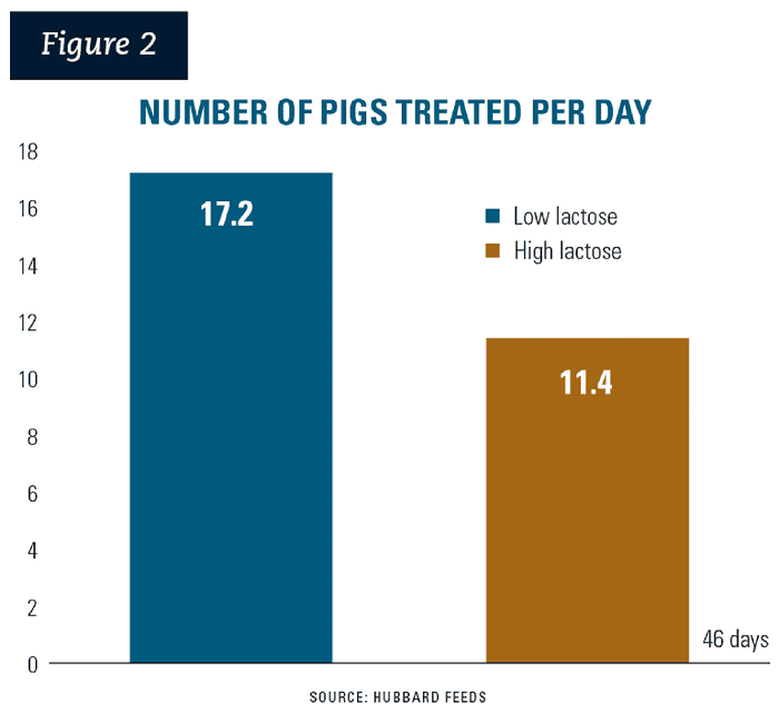 Figure 2: The pigs fed low lactose had an increased need for individual antibiotic treatment by nearly 34%.