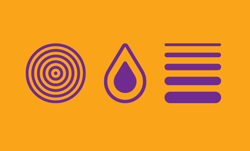 Sizing ring symbol, water droplet symbol, and line thickness symbol in front of an orange background.