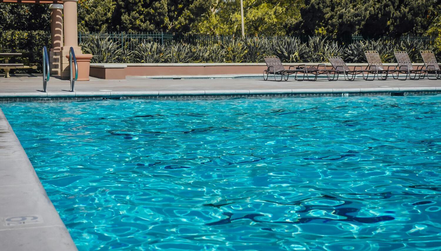 Outdoor swimming pool with clear blue water, tiled edge, metal ladder, and a row of empty lounge chairs beside landscaped greenery in the background.