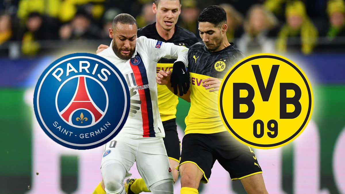  A graphic showing the logos for the soccer teams Borussia Dortmund and Paris Saint-Germain with odds for a match between the two teams.