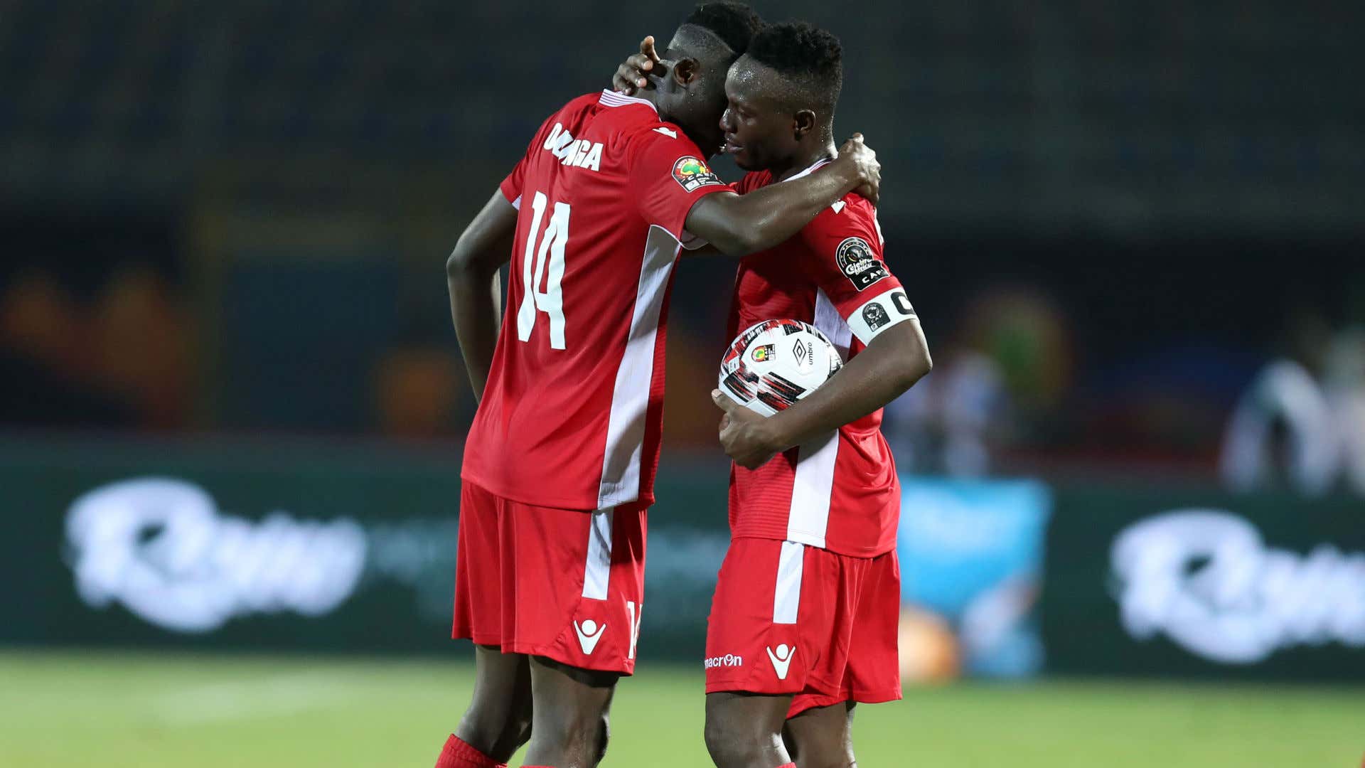 Michael Olunga celebrates goal with Victor Wanyama of Kenya.