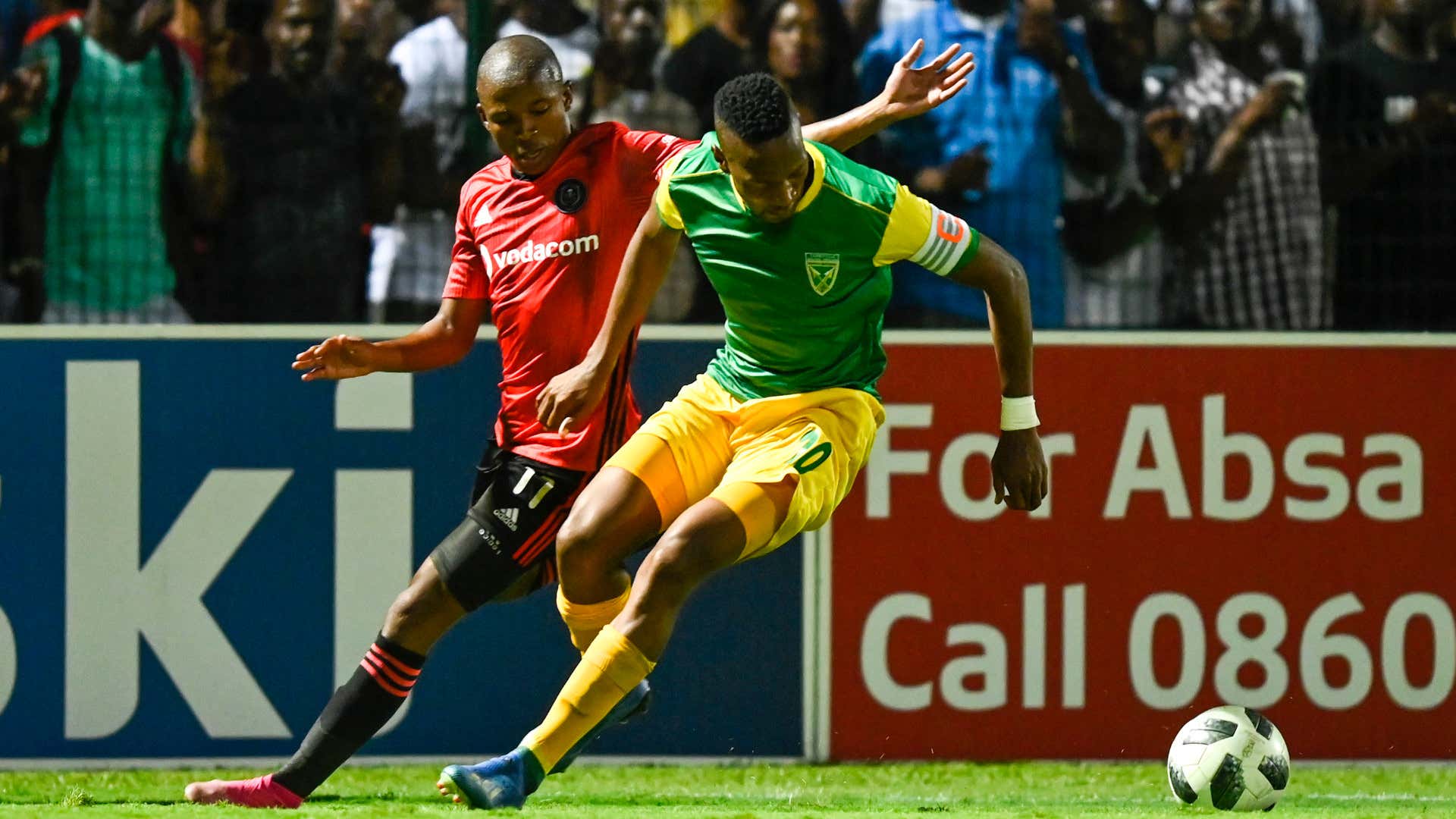 Luvuyo Memela of Orlando Pirates and Matome Mathiane, Captain Lamontville of Golden Arrows, March 2020