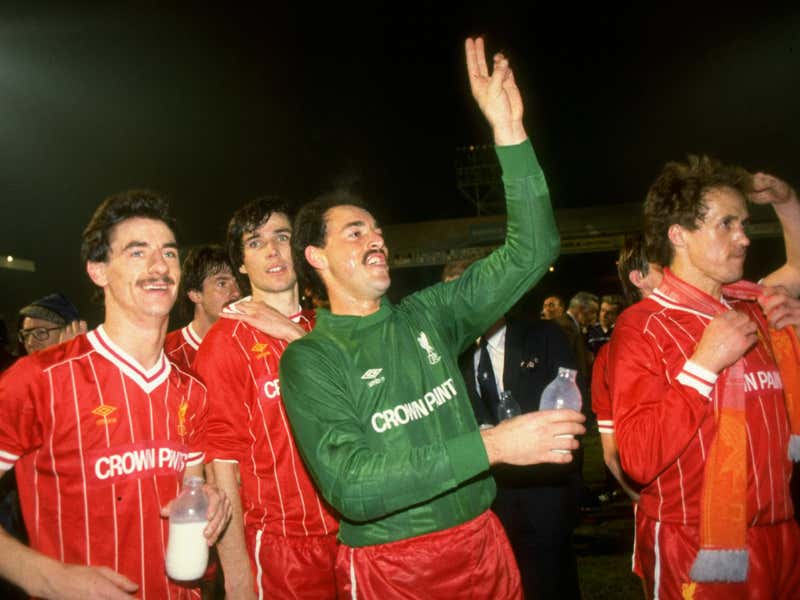 Ian Rush, Alan Hansen, Bruce Grobbelaar and Phil Neal of Liverpool