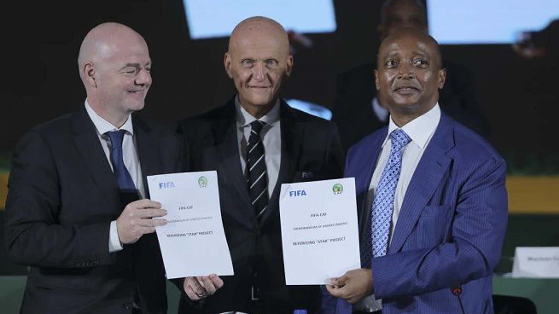 Caf' Patrice Motsepe, Fifa's Gianni Infantino and Pierluigi Collina.