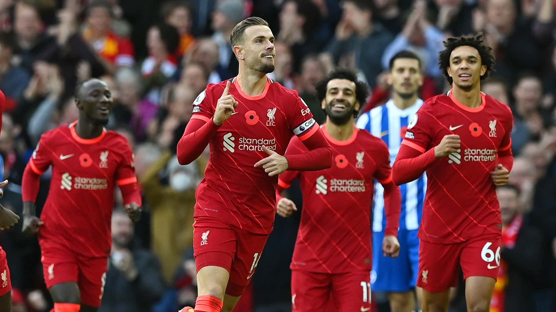 Liverpool celebrate Jordan Henderson goal vs Brighton