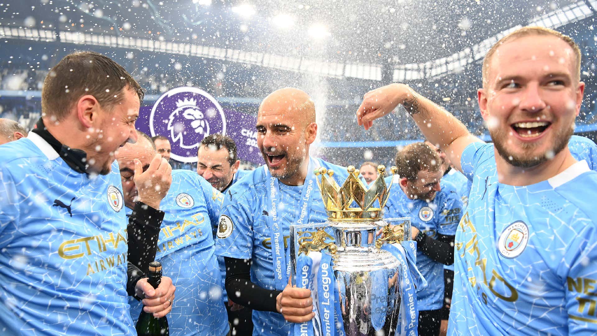 Guardiola Premier League trophy Manchester City