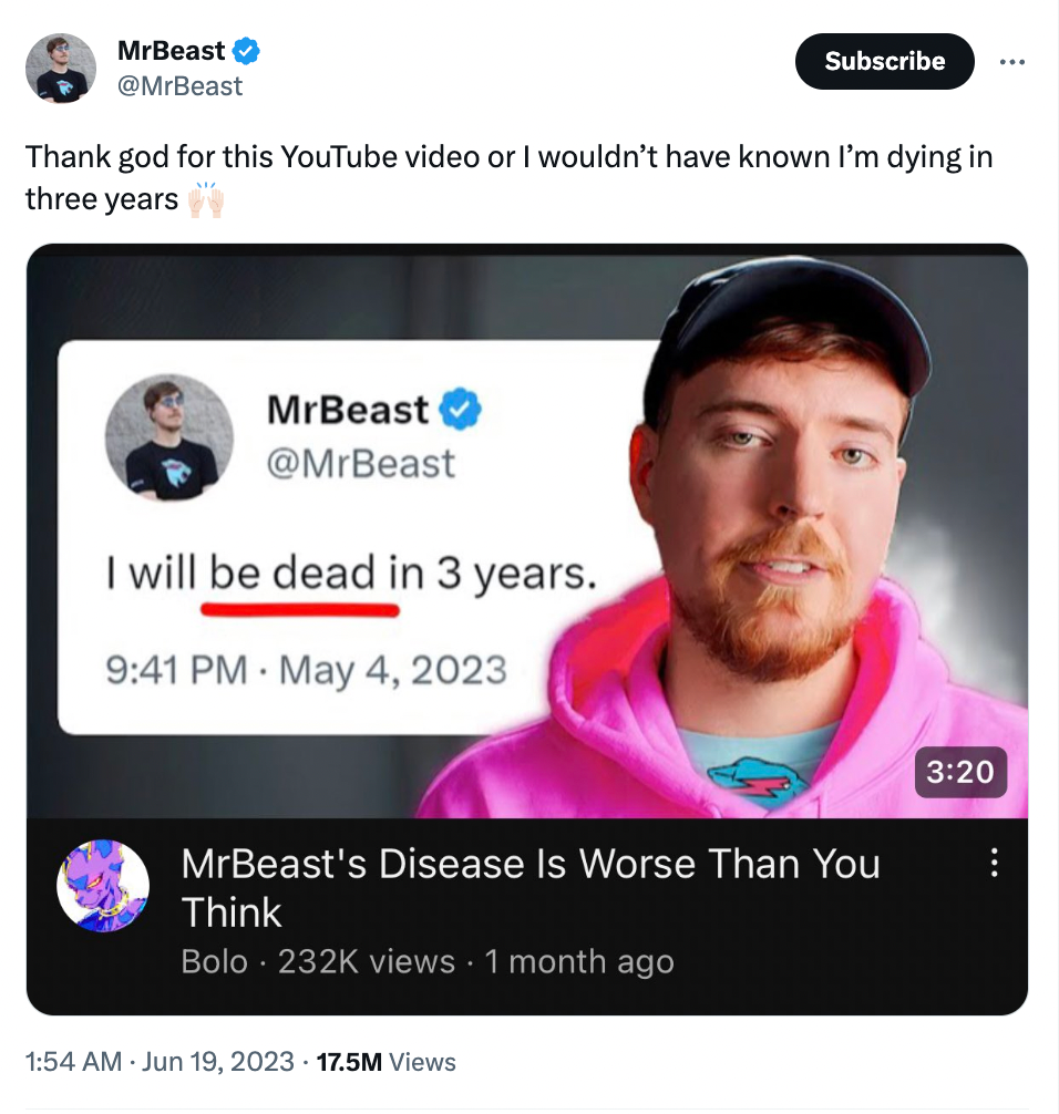 Is MrBeast dead?  star responds to viral tweet claiming he passed  away - Dexerto