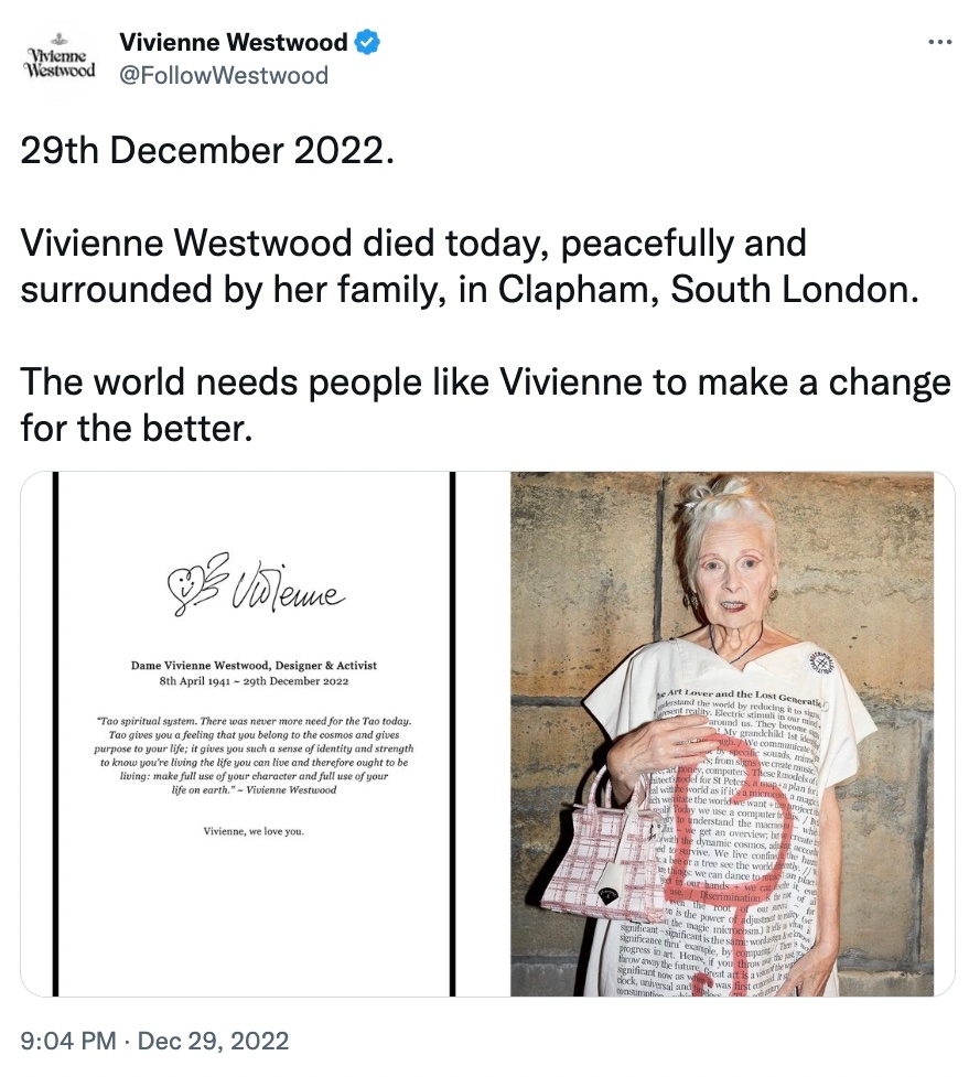 Vivienne Westwood, groundbreaking punk fashion designer, dies at 81