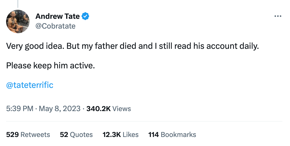 Andrew Tate pleads with Elon Musk not to remove his late dad from Twitter