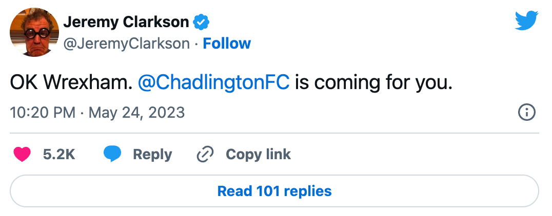 Chadlington FC is coming for you!' - Ryan Reynolds' and Rob McElhenney's  Wrexham given challenge by British broadcasting icon Jeremy Clarkson