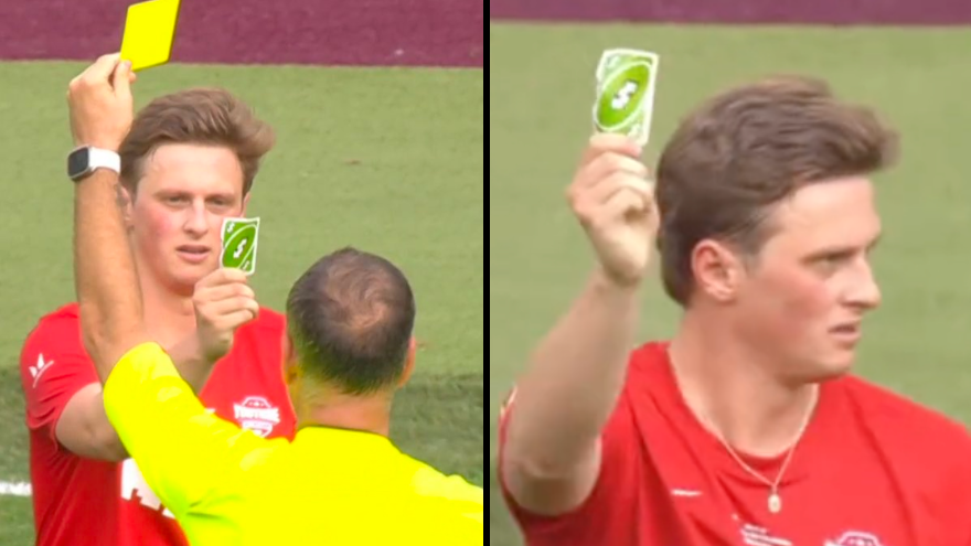 Player whips out an UNO Reverse card after he's given a yellow card by the  referee