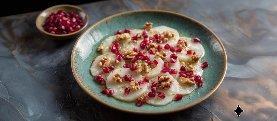 071_Kohlrabi-Carpaccio_mit_Walnuessen_und_Granatapfelkernen Kohlrabi-Carpaccio mit Walnüssen und Granatapfelkernen
