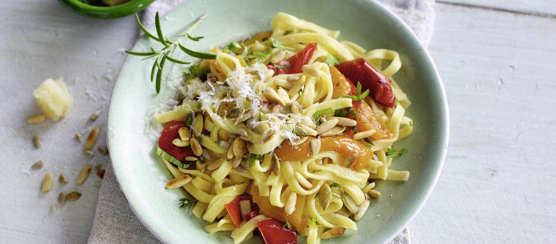 Leckeres und gesundes Rezept bei Schuppenflechte: Paprika-Vitalkerne-Pasta Paprika-Vitalkerne-Pasta