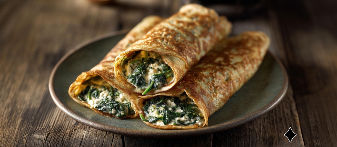 Dinkel-Pfannkuchen mit Spinat und Fetafüllung