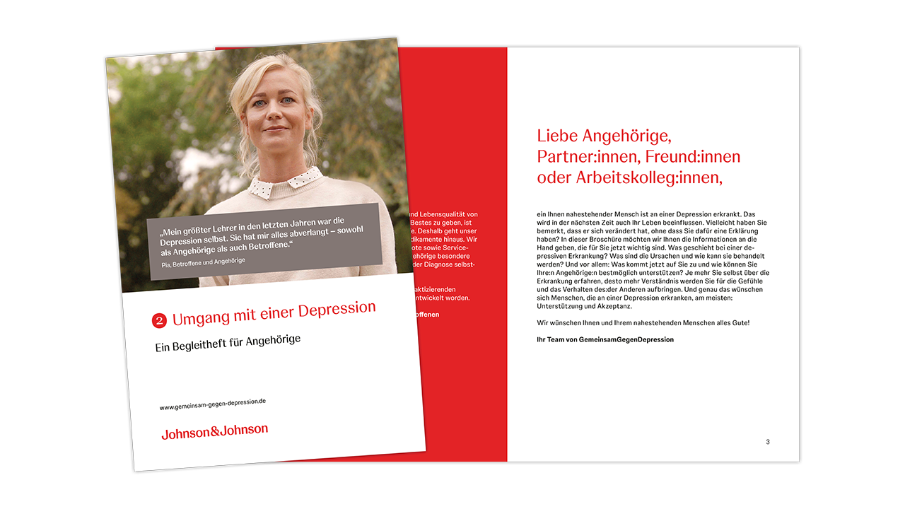 Teaserbild für die Broschüre „Umgang mit einer Depression“. Das Titelbild zeigt eine junge Frau in hellem Pullover.