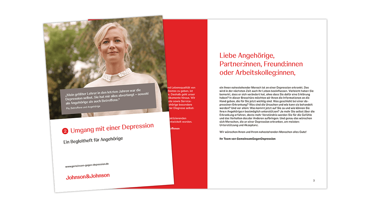 Teaserbild für die Broschüre „Umgang mit einer Depression“. Das Titelbild zeigt eine junge Frau in hellem Pullover.