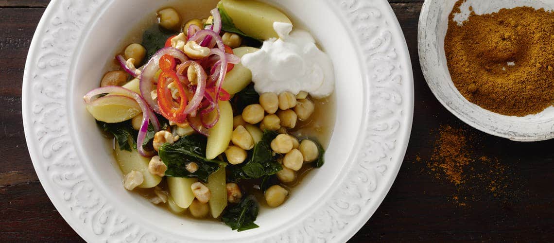Rezept für eine gesunde und ausgewogene Ernährung bei Schuppenflechte: Currykartoffeln mit Kichererbsen Currykartoffeln mit Kichererbsen