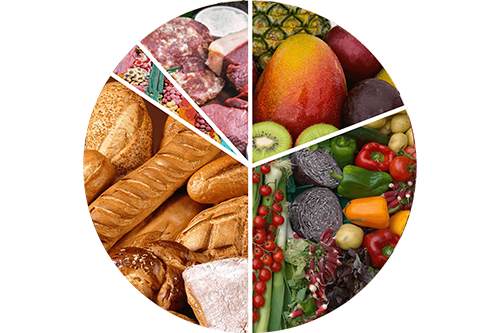 Ausgewogene Ernährung bei Schuppenflechte: Obst, Gemüse, Getreide, Fisch, Fleisch