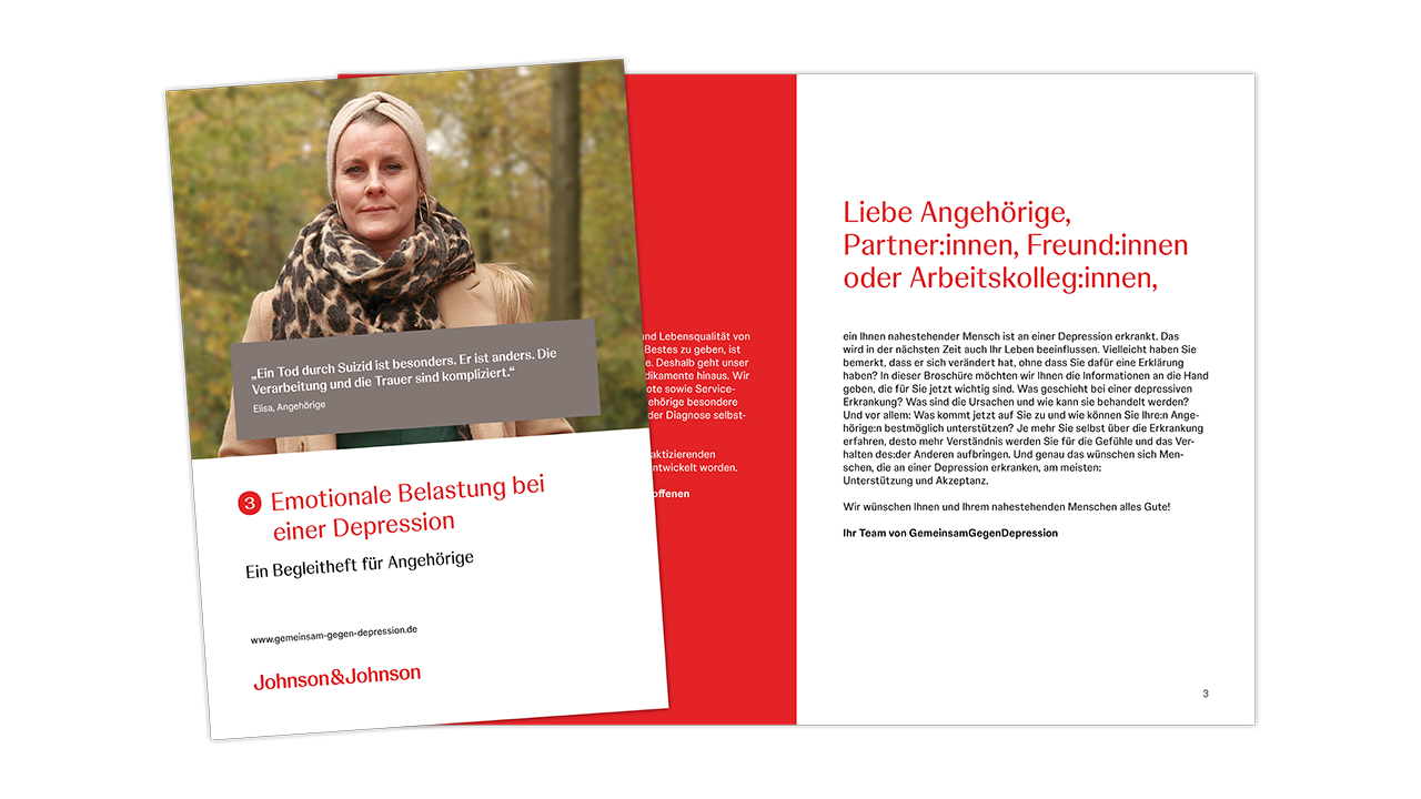 Teaserbild für die Broschüre „Emotionale Belastung bei einer Depression“. Das Titelbild zeigt eine elegant gekleidete Frau.