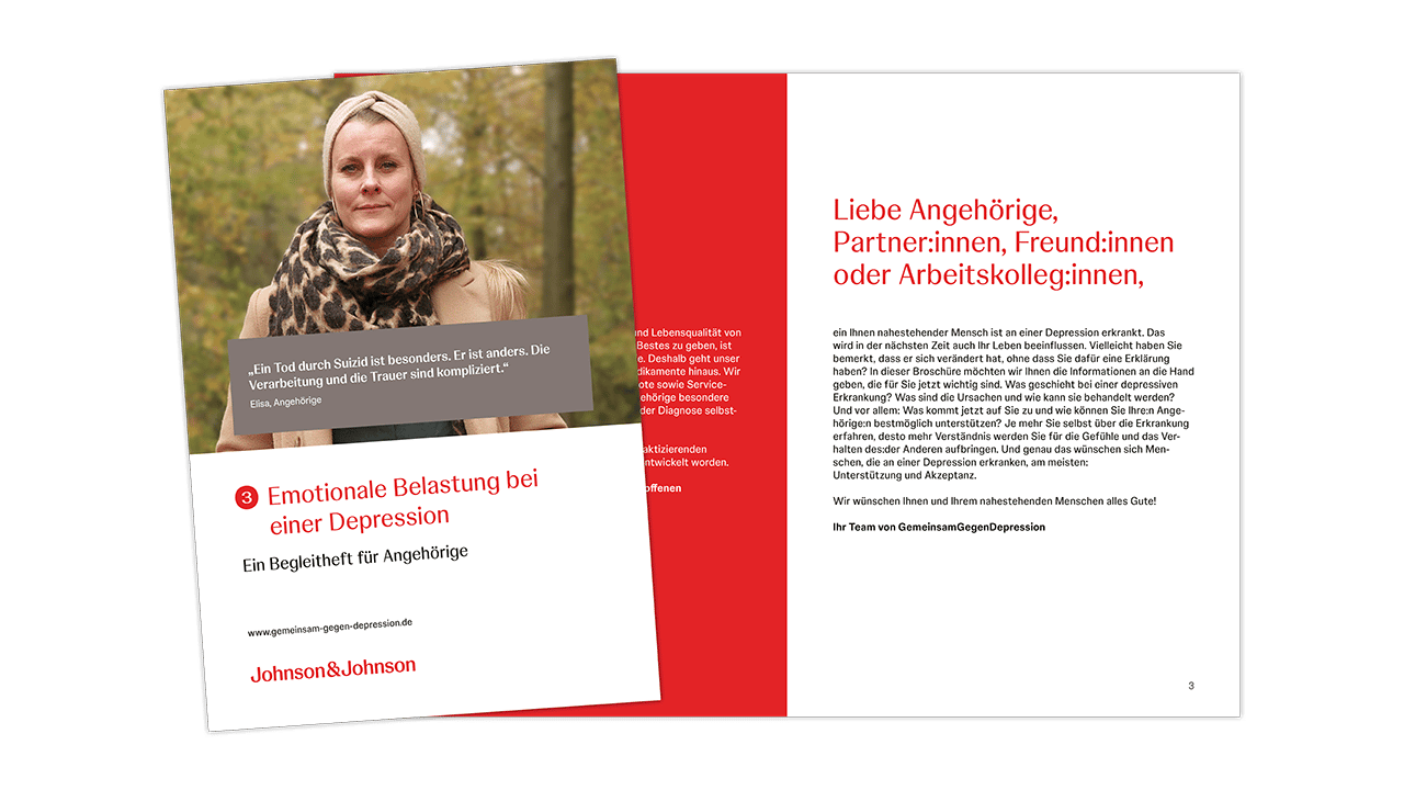 Teaserbild für die Broschüre „Emotionale Belastung bei einer Depression“. Das Titelbild zeigt eine elegant gekleidete Frau.