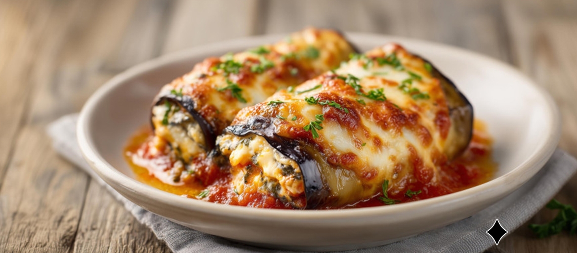 Gebackene Auberginen-Röllchen mit Ricotta