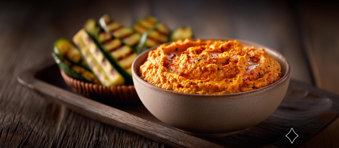 Paprika-Hummus mit geröstetem Gemüse