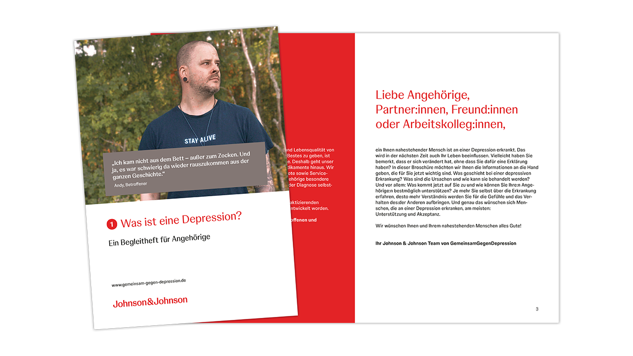 Teaserbild für die Broschüre „Was ist Depression?“. Das Titelbild zeigt einen jungen Mann in schwarzem T-Shirt.