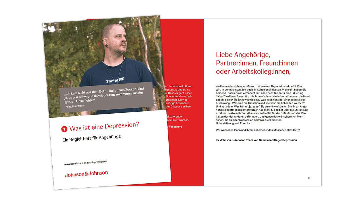Teaserbild für die Broschüre „Was ist Depression?“. Das Titelbild zeigt einen jungen Mann in schwarzem T-Shirt.