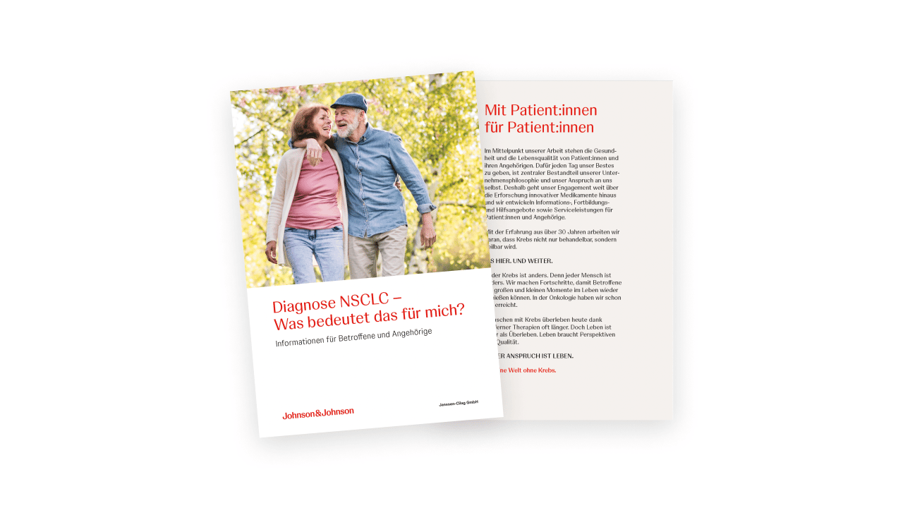 Vorschaubild der Broschüre „Diagnose NSCLC – Was bedeutet das für mich?“ für Betroffene und Angehörige.