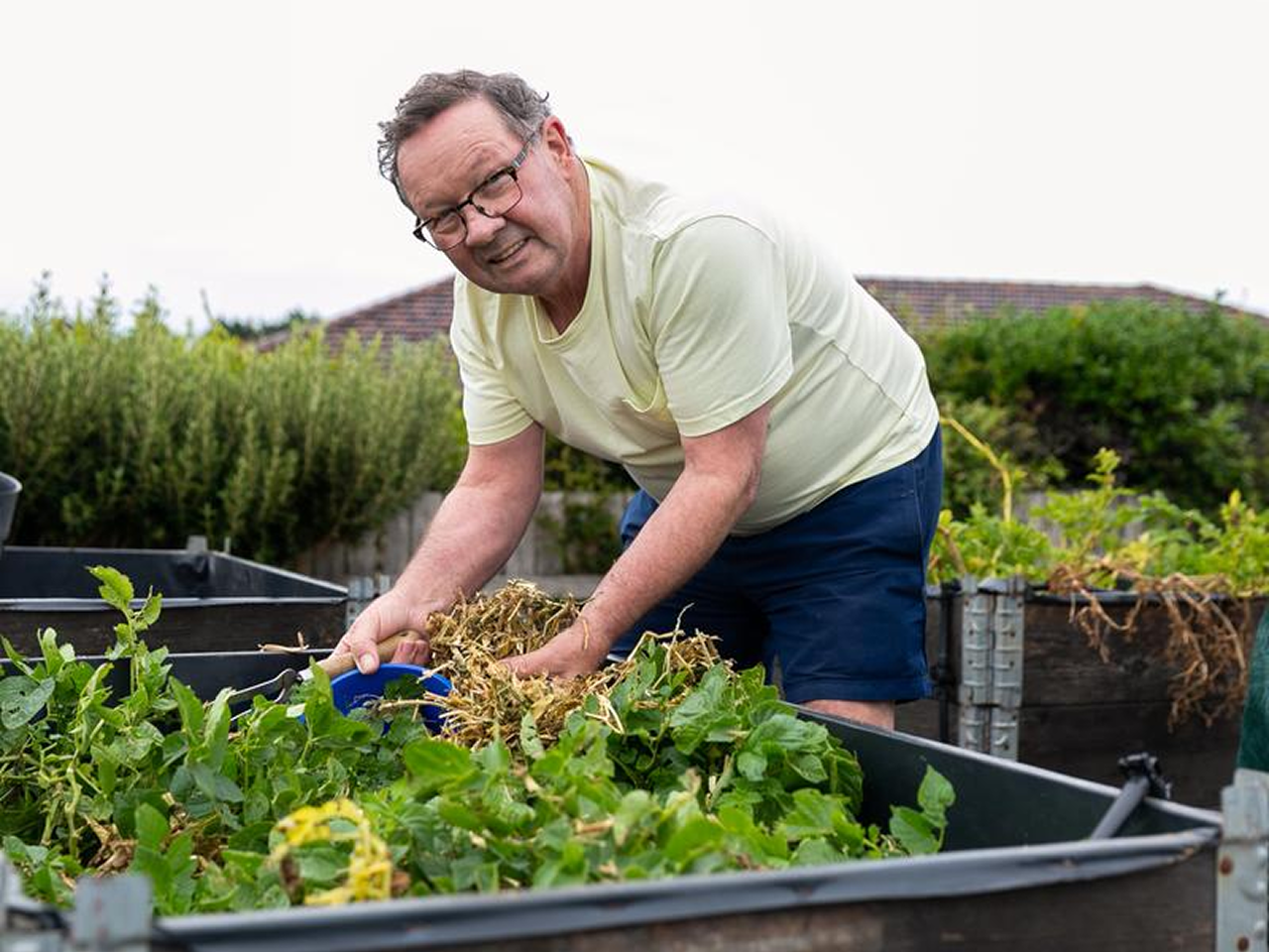 Mann steht gebeugt über einem Hochbeet