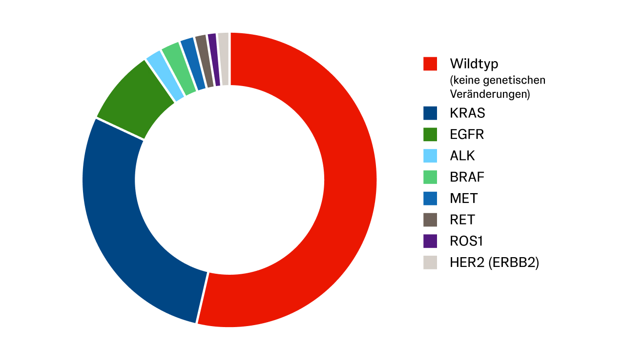 Kreisdiagramm mit verschiedenen Treibermutationen bei Lungenkrebs, darunter KRAS, EGFR, ALK, BRAF und MET.