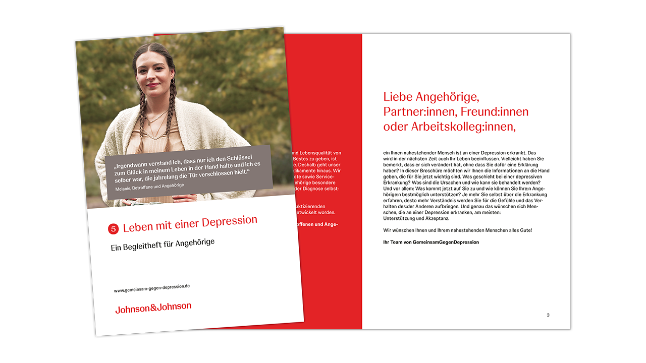 Teaserbild für die Broschüre „Leben mit einer Depression “. Das Titelbild zeigt eine junge Frau mit geflochtenen Zöpfen.